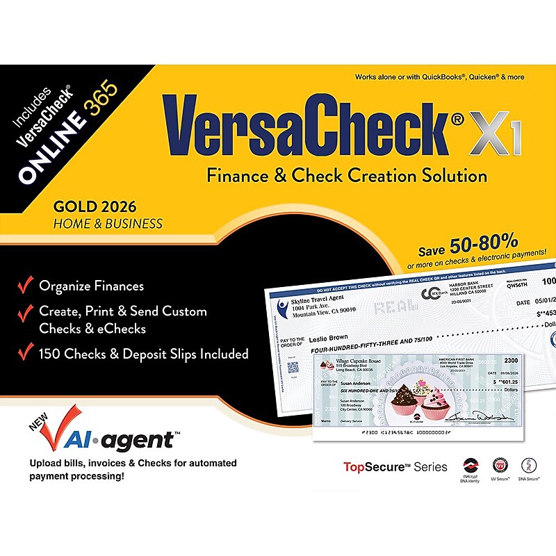 VersaCheck X1 Gold 2026 + VersaCheck ONLINE Gold 1 Year Subscription Bundle, 1 User, Windows, Download (GLO921800F120) image 1