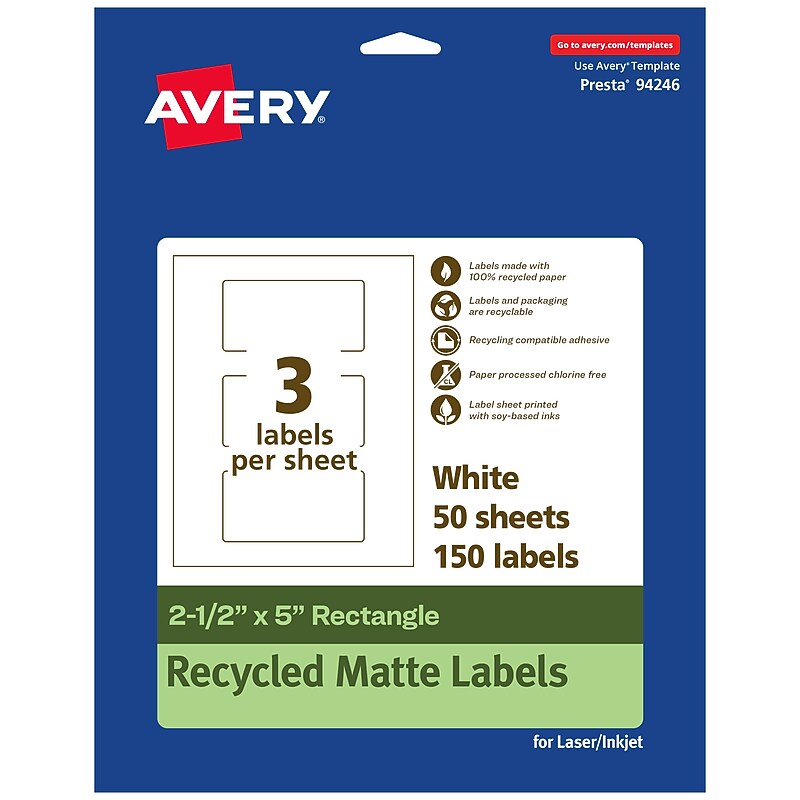 Avery EcoFriendly Laser/Inkjet Rectangle Multipurpose Labels, 2-1/2" x 5", White, 150/Box (94246) image 1