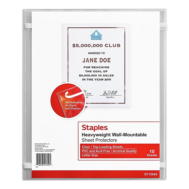 Staples Wall-Mountable Heavyweight Sheet Protector, 8.5" x 11", Diamond Clear, 10/Pack (15945) image 1