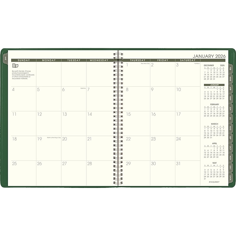 2026 AT-A-GLANCE Recycled 9" x 11" Monthly Planner, Faux Leather Cover, Green (70-260G-60-26) image 1