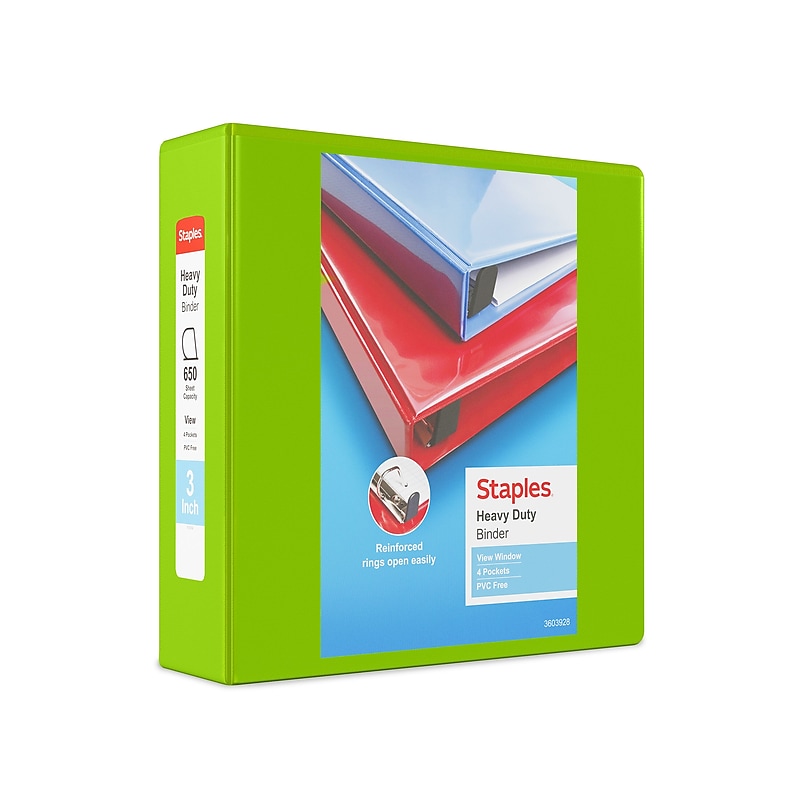 Staples Heavy Duty 3" 3-Ring View Binder, D-Ring, Chartreuse (ST56322-CC) image 1