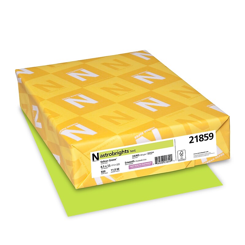Astrobrights 8.5" x 11" Color Multipurpose Paper, 24 lbs., Vulcan Green, 500 Sheets/Ream, 10/Ream (21859/22379CT) image 1