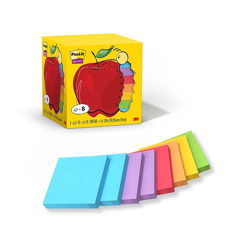 Post-it Super Sticky Notes, 3" x 3", Assorted Bright Colors, 70 Sheets/Pad, 8 Pads/Pack (654-8SSAP) image 1