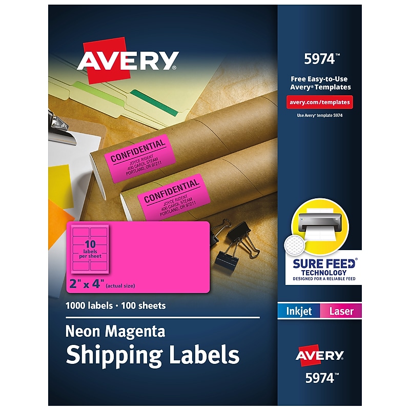 Avery Sure Feed Laser Shipping Labels, 2"x 4", Neon Pink, 1000 Labels/Box (5974) image 1