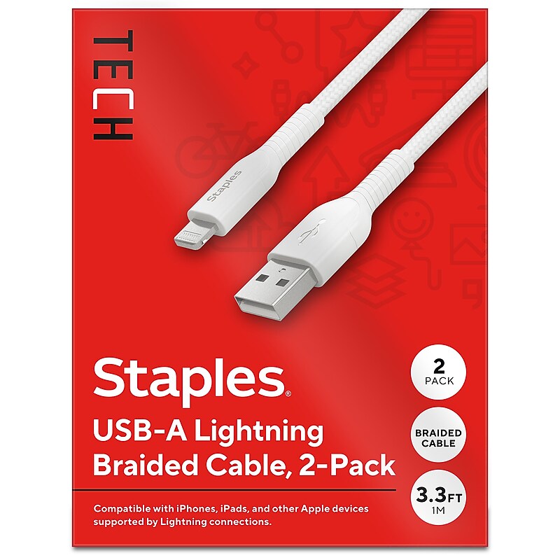 Staples TECH Lightning to USB-A Charging Cable, 3.3 ft., White, 2/Pack (ST62330) image 1