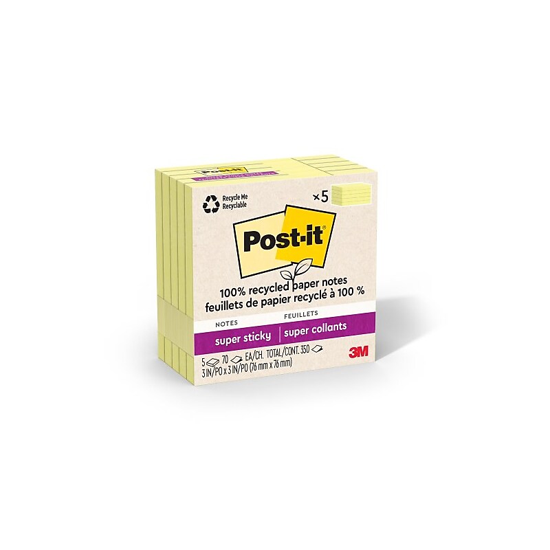 Post-it Recycled Super Sticky Notes, 3" x 3", Canary Collection, 70 Sheets/Pad, 5 Pads/Pack (654R-5SSCY) image 1