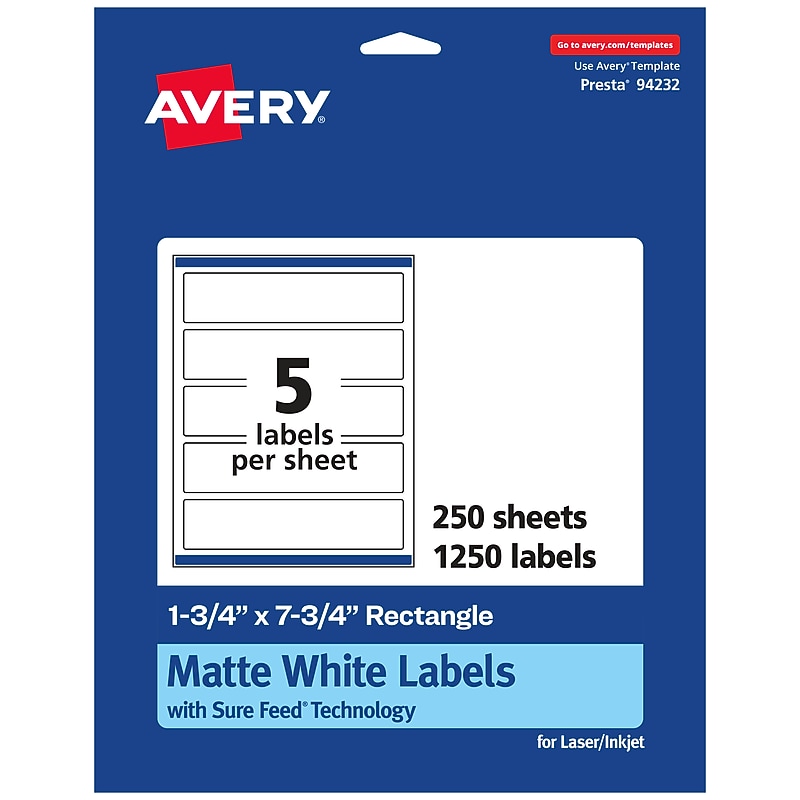 Avery Laser/Inkjet Multipurpose Labels, 1.75" x 7.75", White, 5 Labels/Sheet, 250 Sheets/Pack (94232-WMP250) image 1