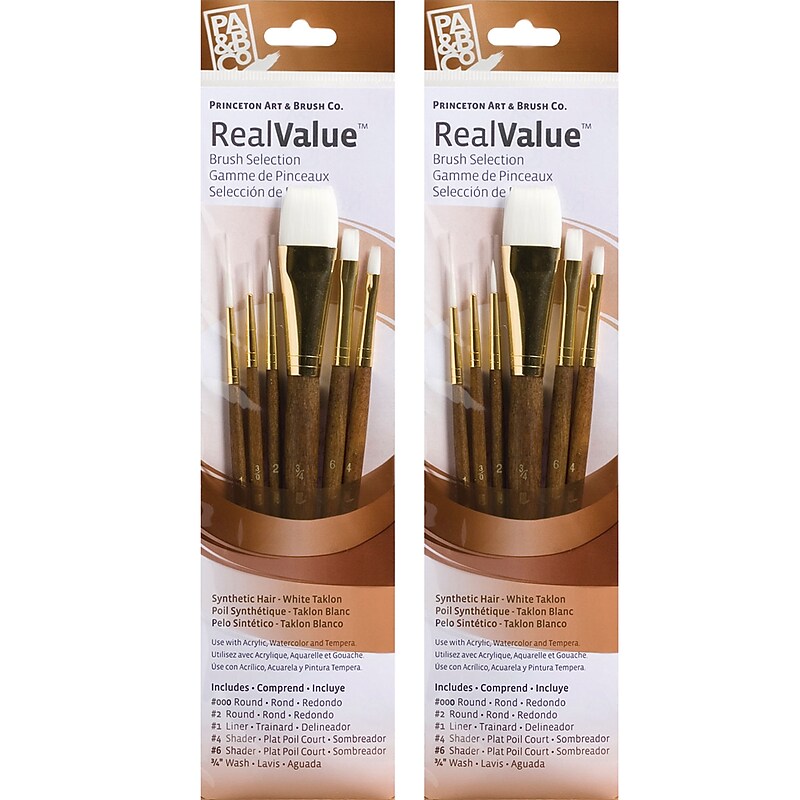 Princeton RealValue Short Handle Mixed Media Synthetic Taklon Variety Brush Set, 6/Set, 2 Sets/Bundle (PBXPR9140-2) image 1
