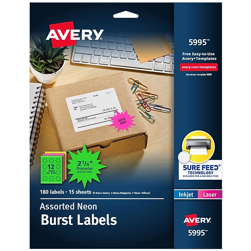 Avery Sure Feed Laser Burst Label, 2 1/4" Dia, Assorted Neon, 180 Labels/Pack (5995) image 1