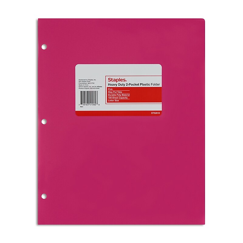 Staples 3-Hole Punched 2-Pocket Plastic Portfolio Folder, Pink (ST52810-CC) image 1