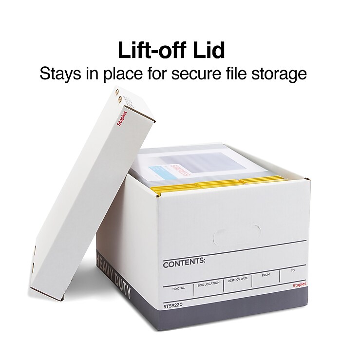 Staples Standard Size File Box - Corrugated Cardboard Storage For Letter/Legal Files, Lift-Off Lid, 10 Pack