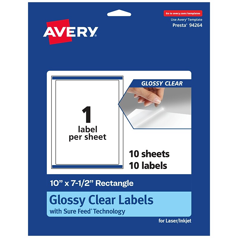 Avery Laser/Inkjet Multipurpose Labels, 7.5" x ", Glossy Clear, 10/Pack (94264) image 1