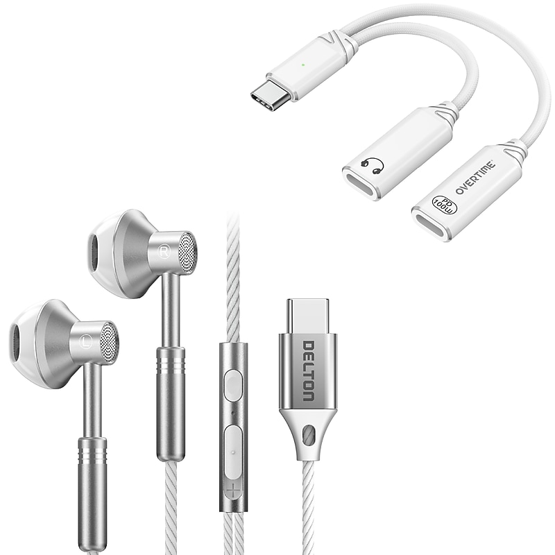 Delton 18EC Wired Earbuds & 2-in-1 USB-C Splitter Adapter Bundle, White (DWH18ECWHKT1) image 1