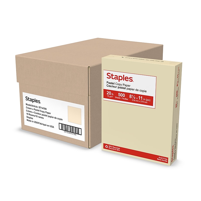 Staples 30% Recycled Pastel Multipurpose Paper, 20 lbs., 8.5" x 11", Cream, 500 Sheets/Ream, 10 Reams/Carton (14789) image 1