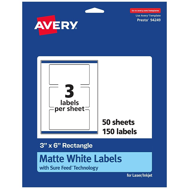 Avery Laser/Inkjet Multipurpose Rectangle Labels, 3" x 6", White, 150 Labels/Box (94249) image 1
