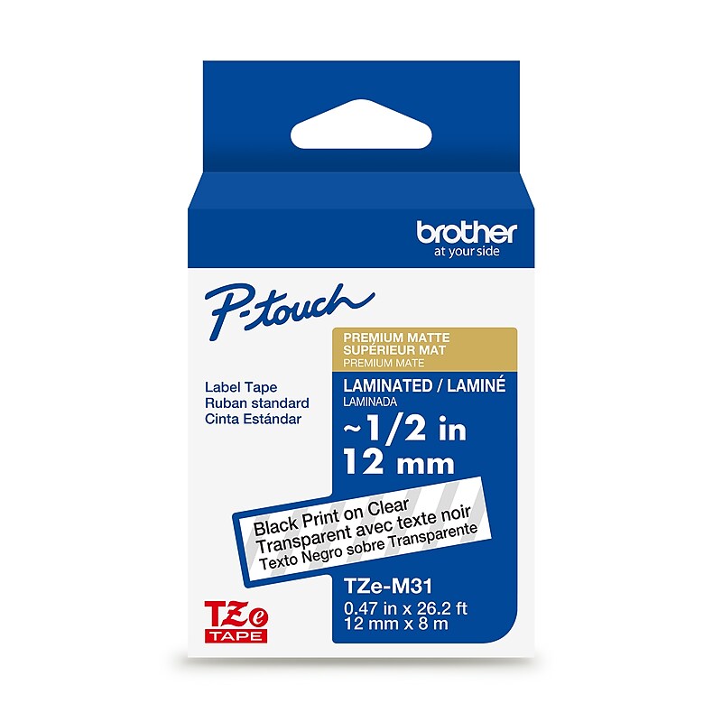 Brother P-touch Premium Matte Laminated Label Tape, ~1/2" x 26.2', Black on Clear (TZeM31) image 1
