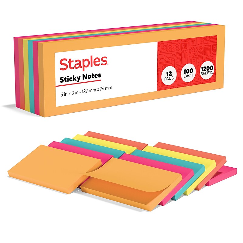 Staples Sticky Notes, 3" x 5", Pool Party Collection, 100 Sheets/Pad, 12 Pads/Pack (S-35BR12) image 1