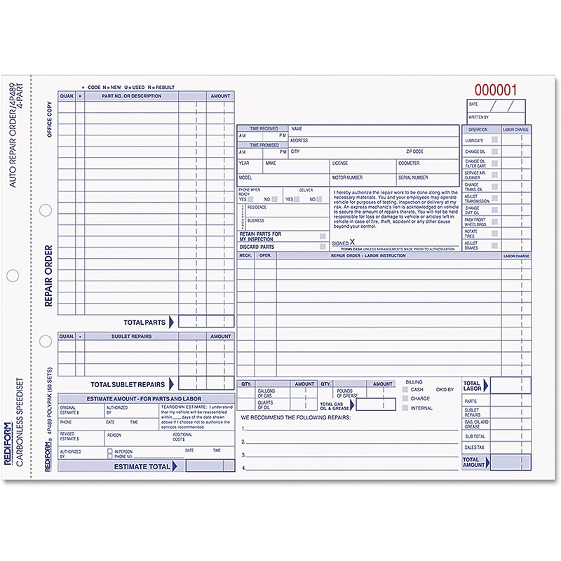 Rediform 4-Part Carbonless Auto Repair Form, 8.5" x 11", 50 Sets/Book, 5 Books/Pack (RED4P489) image 1