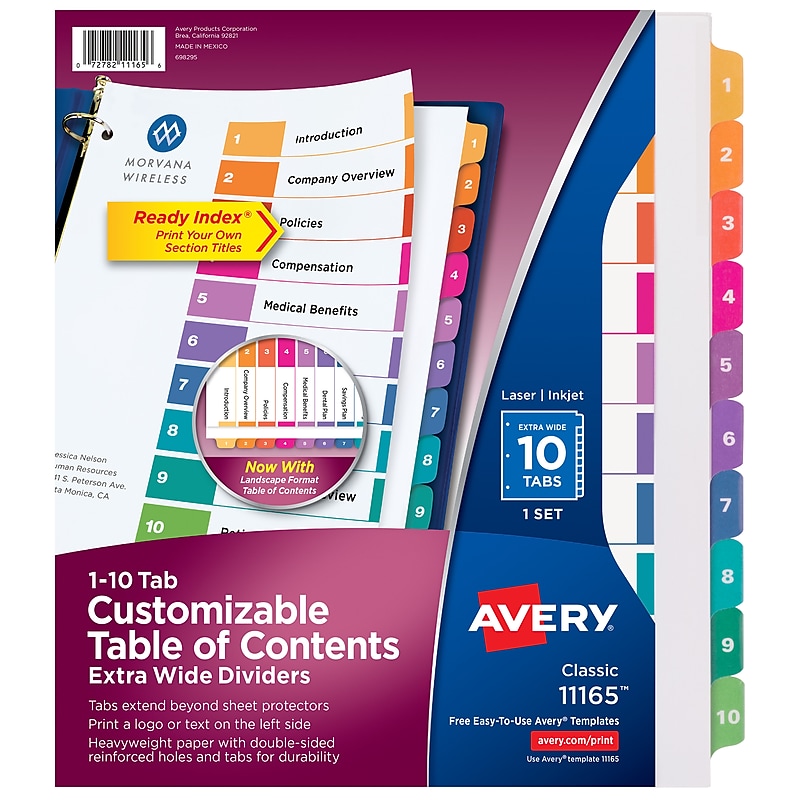 Avery Ready Index Table of Contents Extra-Wide Paper Dividers, 1-10 Tab, Multicolor (11165) image 1