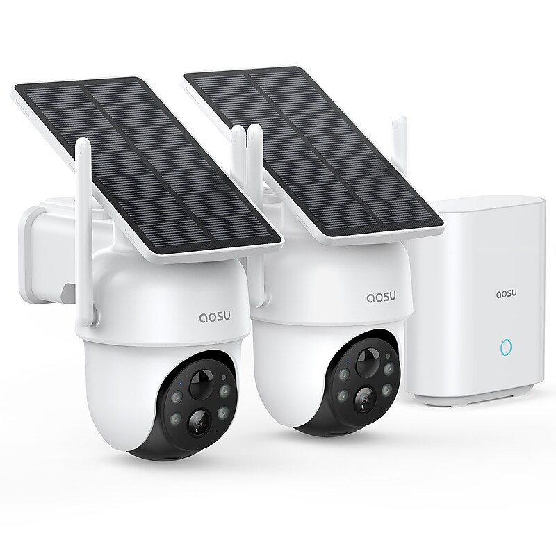 aosu 2K QHD 3.0-MP Outdoor Dual-Band Wireless AI-Smart Solar Security 2-Camera Kit w/HomeBase Recorder, White (C9C3CA11) image 1
