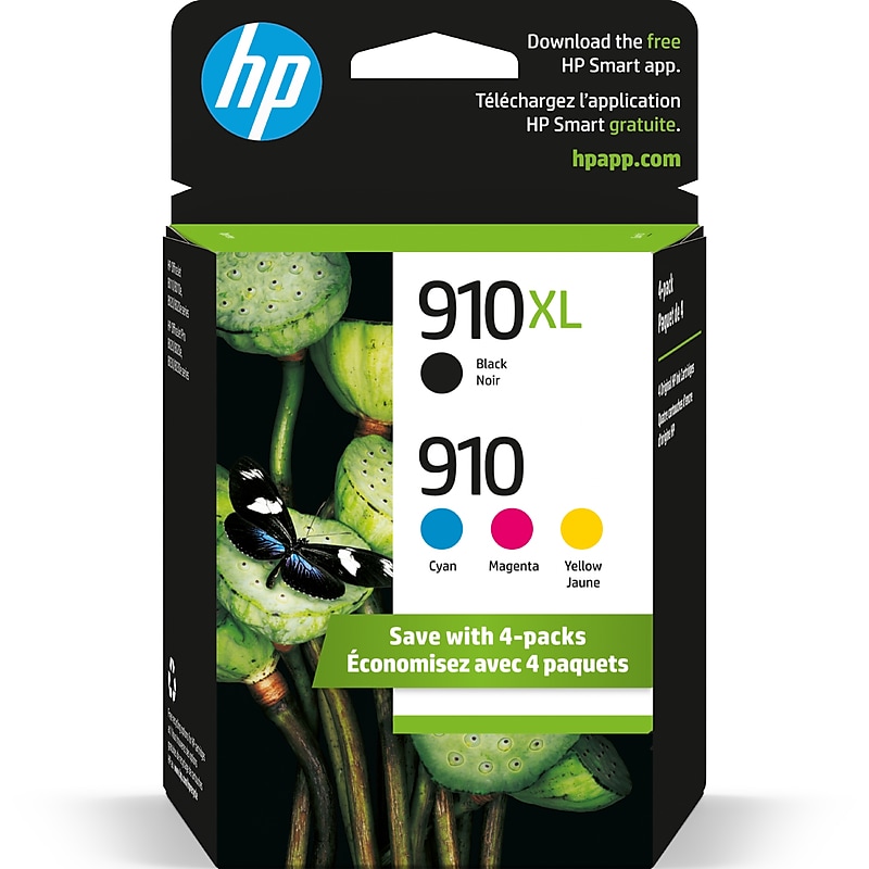 HP 910XL/910 Black High Yield and Cyan/Magenta/Yellow Standard Yield Ink Cartridge, 4/Pack (3JB41AN#140) image 1