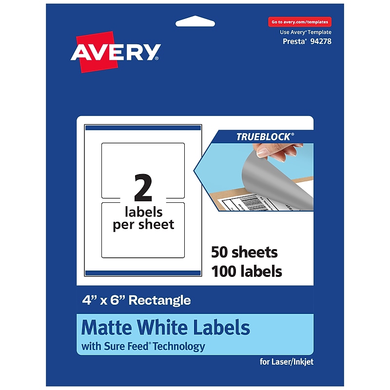 Avery TrueBlock Laser/Inkjet Rectangle Multipurpose Labels, 4" x 6", White, 100/Box (94278) image 1