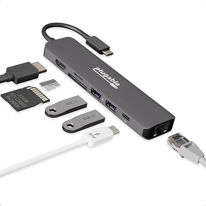 Plugable 7-Port USB-C Hub, Gray (USBC-7IN1E) | Staples