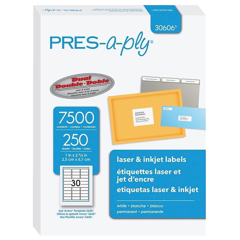 PRES-a-ply Laser/Inkjet Address Labels, 1" x 2-5/8", White, 7,500 Labels/Box (30606) image 1