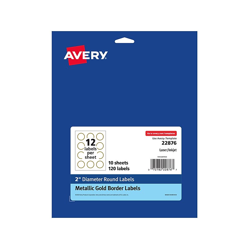 Avery Easy Peel Laser/Inkjet Round Labels, 2" Dia, White with Metallic Gold Borders, 120 Labels/Pack (22876) image 1