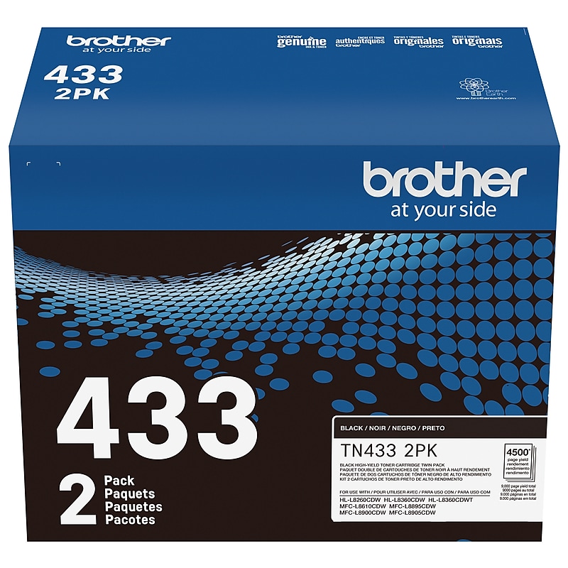 Brother TN-433 Black High Yield Toner Cartridge, Up to 4,500 Pages, 2/Pack   (TN4332PK) image 1