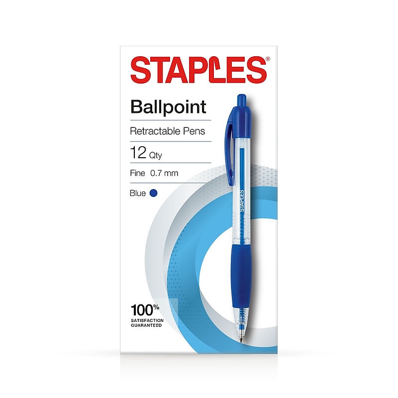 Staples Ballpoint Retractable Pens, Fine Point, Blue Ink, Dozen (50788) image 1