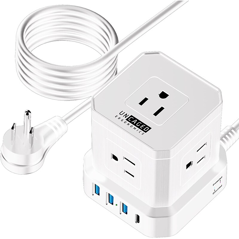 Uncaged Ergonomics Cube 5-Outlet 4-USB Port Surge Protector, 10', White (PC-w-c) image 1