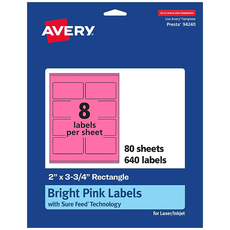 Avery Laser/Inkjet Rectangle Multipurpose Labels, 2" x 3.75", Bright Pink, 640/Box (94240) image 1