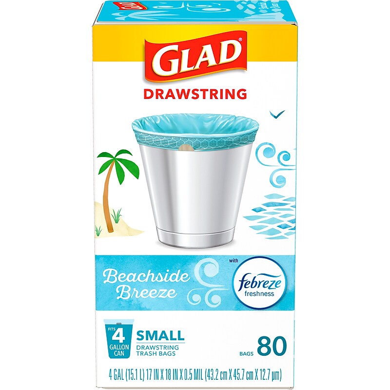 Glad 4 Gallon Drawstring Kitchen Trash Bags, Febreze Freshness Beachside Breeze Scent, Blue, 80/Box (79155) image 1