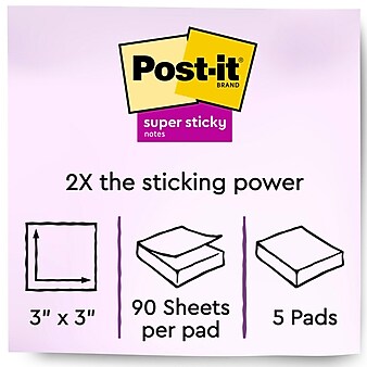 Post-it® Super Sticky Notes, 3" x 3", Red, 90 Sheets/Pad, 5 Pads/Pack (654-5SSRR)