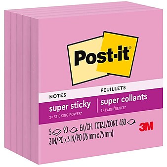 Post-it Super Sticky Notes, 3" x 3", 90 Sheet/Pad, 5 Pads/Pack (654-5SSNP)
