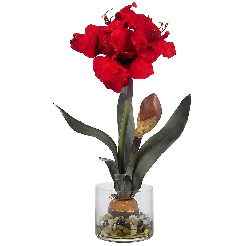 Nearly Natural 4827 Amaryllis with Round Vase, Red image 1