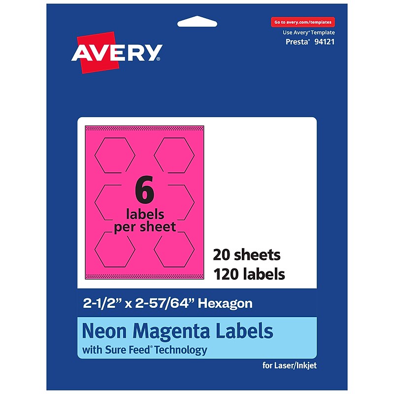 Avery Hexagon Laser/Inkjet Multipurpose Labels, 2-1/2" x 2-57/64", Neon Magenta (120/Pack) image 1