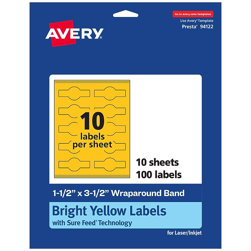Avery Laser/Inkjet Cigar Multipurpose Labels, 1.5" x 3.5", Bright Yellow, 100/Pack (94122) image 1