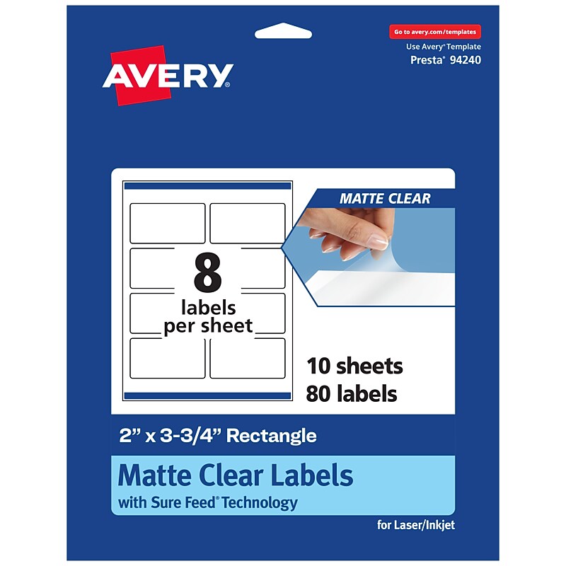 Avery Laser/Inkjet Rectangle Multipurpose Labels, 2" x 3-3/4", Clear, 80/Pack (94240) image 1