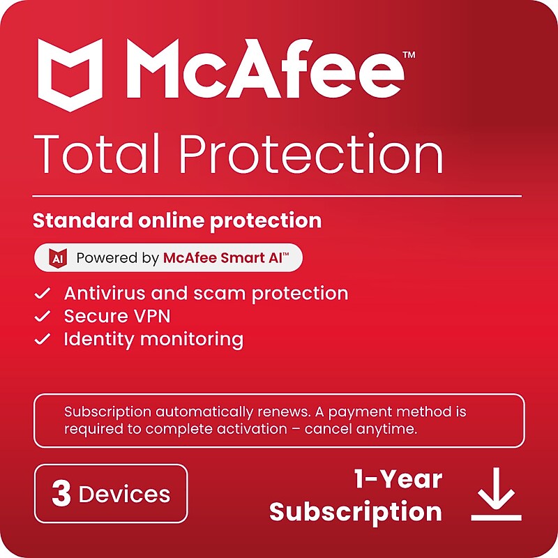 McAfee Total Protection for 3 Devices, Windows/Mac/Android/iOS/ChromeoS, Download (MTP21EST3RAAD) image 1