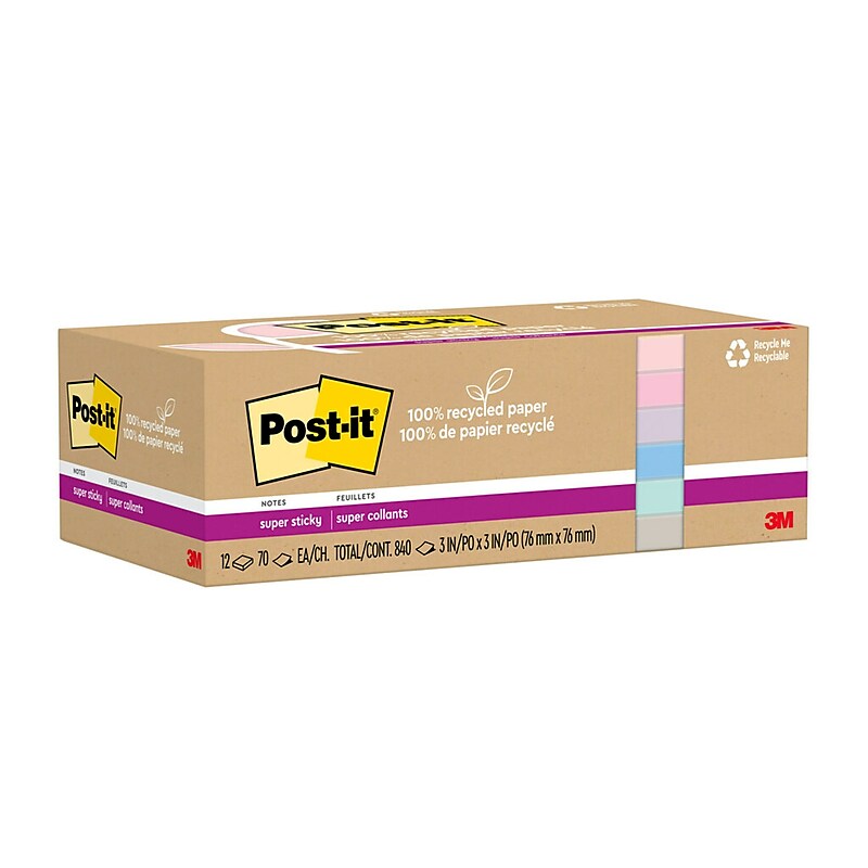 Post-it Recycled Super Sticky Notes, 3" x 3", Wanderlust Pastels Collection, 70 Sheets/Pad, 12 Pads/Pack (654R-12SSNRP) image 1