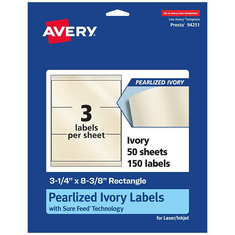 Avery Pearlized Ivory Rectangle Multipurpose Labels, 3-1/4" x 8-3/8", Ivory, 150/Box (94251) image 1