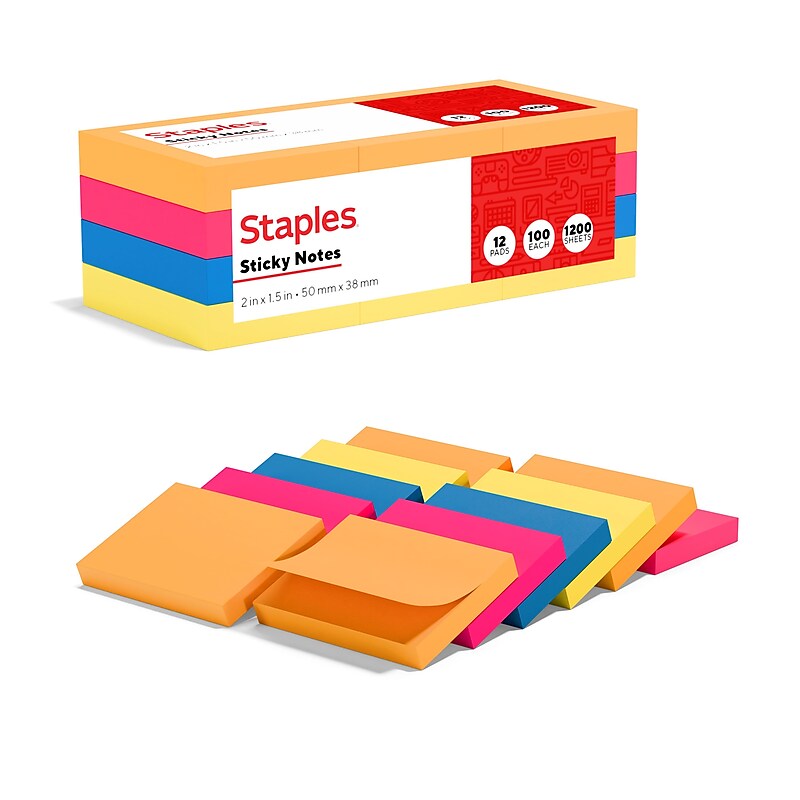 Staples Stickies 1 1/2" x 2" Bright Notes, 12 Pads/Pack (S-152BR12/52556) image 1