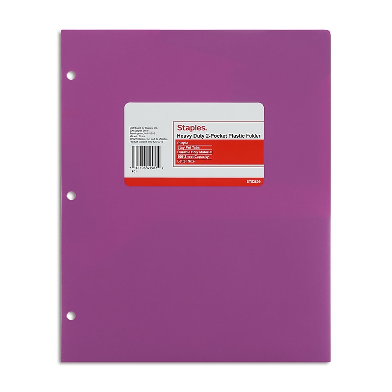 Staples 3-Hole Punched 2-Pocket Plastic Portfolio Folder, Purple (52809) image 1