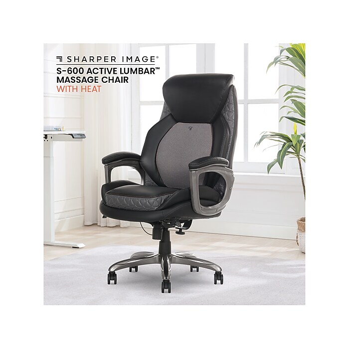 Sharper Image S 600 Active Lumbar Ergonomic Bonded Leather Swivel Executive Massage Chair Black 60098 BLK Staples