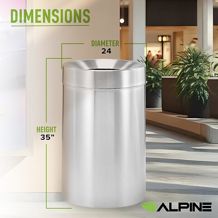 Alpine Industries Stainless Steel Trash Can with Open Lid, 50