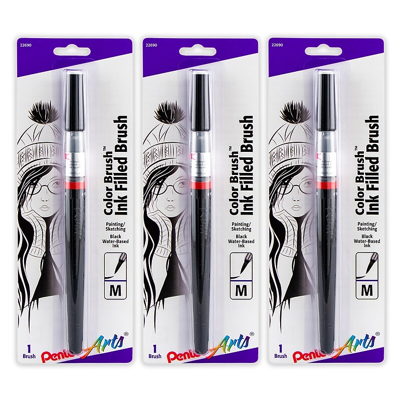 Pentel Arts Color Brush with Water-Based Ink, Medium Tip, Black, 3/Pack (PTAGFLBP101-3) image 1