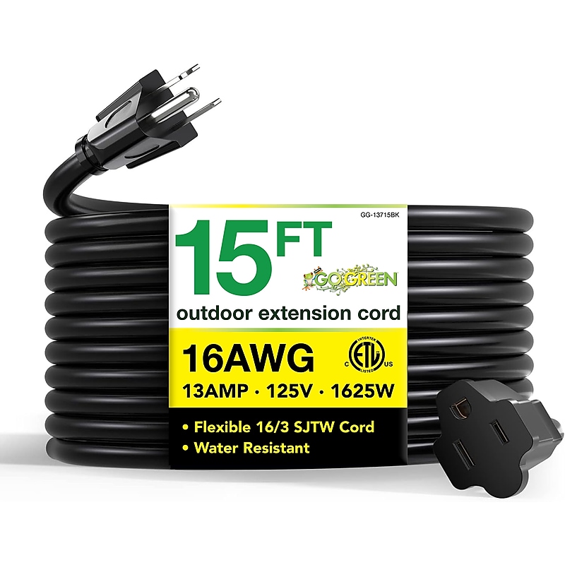 GoGreen Power 15' Indoor/Outdoor Extension Cord, 16 AWG, Black (GG-13715BK) image 1