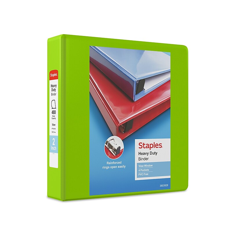 Staples Heavy Duty 2" 3-Ring View Binder, D-Ring, Chartreuse (ST56321-CC) image 1